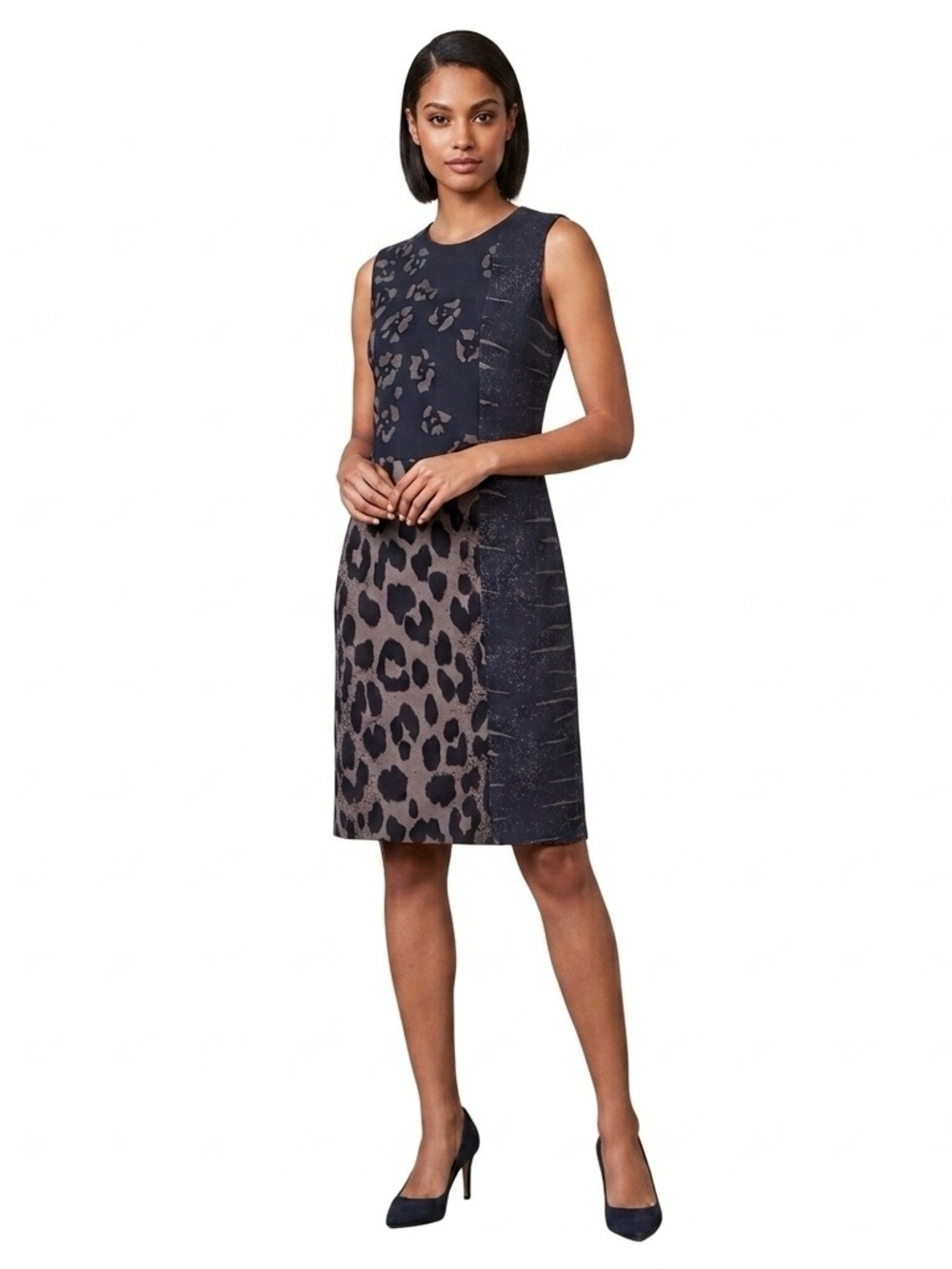 Salvatore Ferragamo Navy & Taupe Mixed Animal Print Sleeveless Dress, Size 40